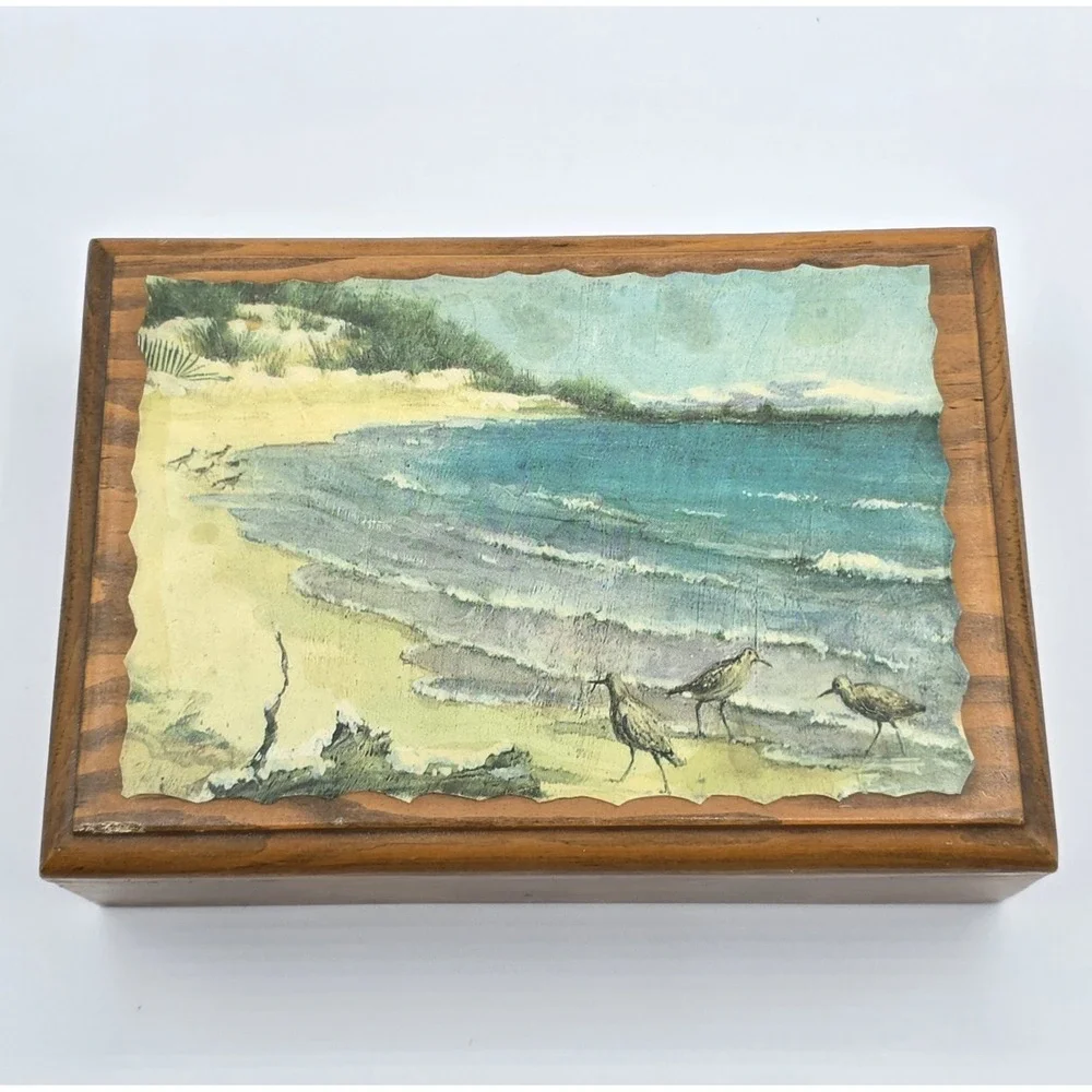 Vintage Mid Century Ocean Beach Wooden Trinket Jewelry Box Seagulls Divided